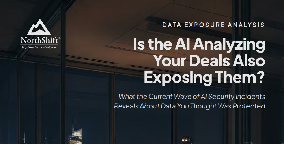 Hero image for an article about AI data exposure: glass office windows with NorthShift logo and large headline about AI exposing data.